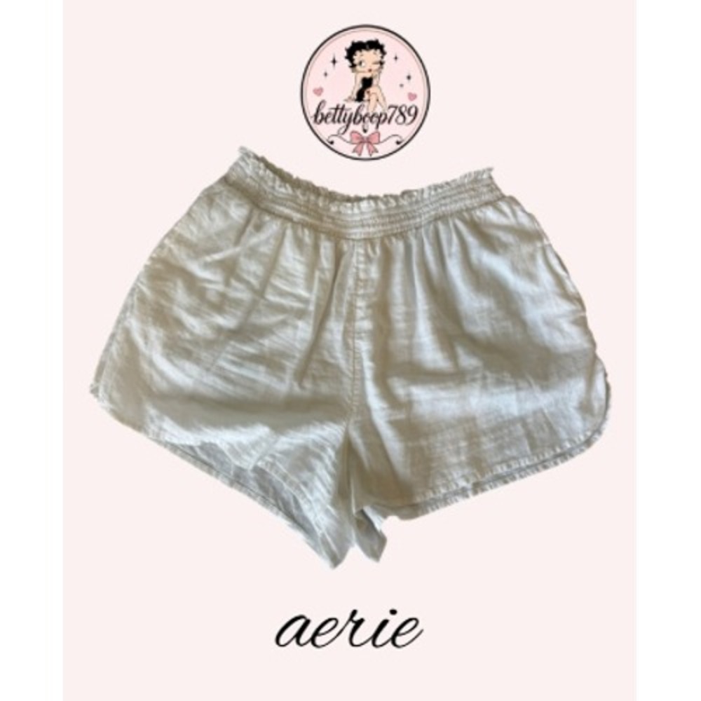 Aerie White Linen Blend Smocked Waist Ruffle Shorts Medium